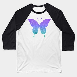 Pastel Teal and Purple Ombre Faux Glitter Butterfly Baseball T-Shirt